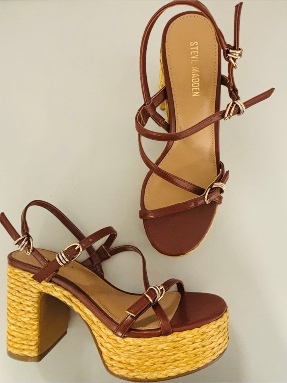 Steve Madden Jayce raffia platform strappy buckle women’s sandals, women’s 6